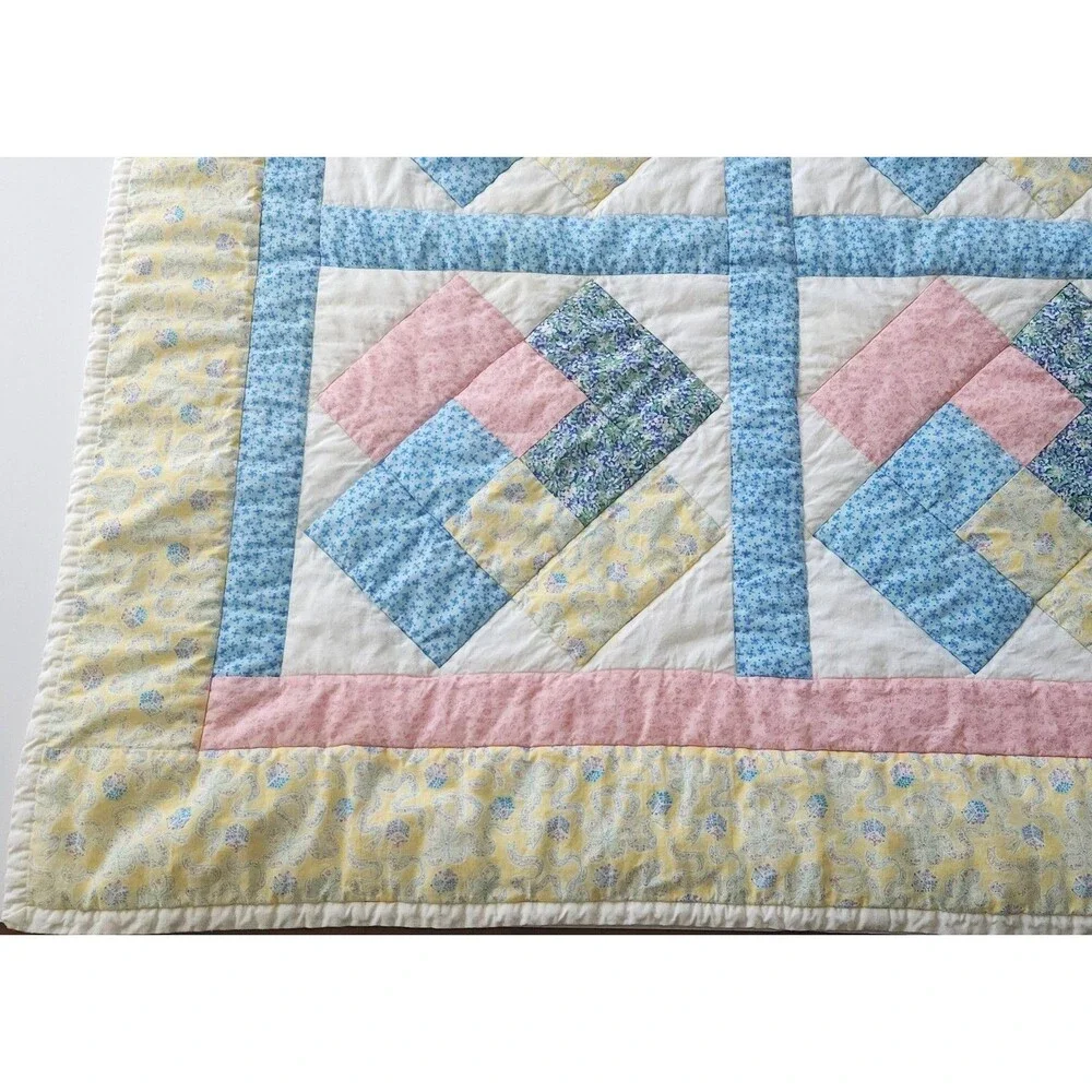 Vtg Handmade Patchwork Baby Quilt Pastel Floral Calico Log Cabin Blanket 36x35.5